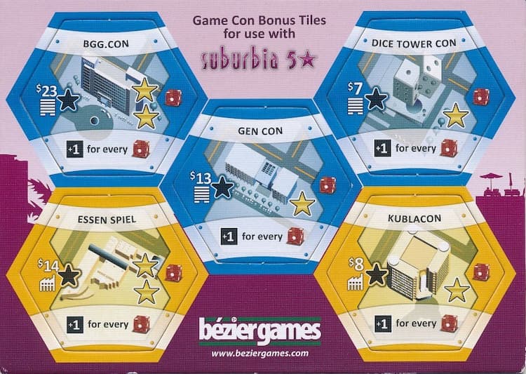 Boîte du jeu : Suburbia - Extension "Suburbia 5 Stars" - Extension "Game Con Bonus Tiles"